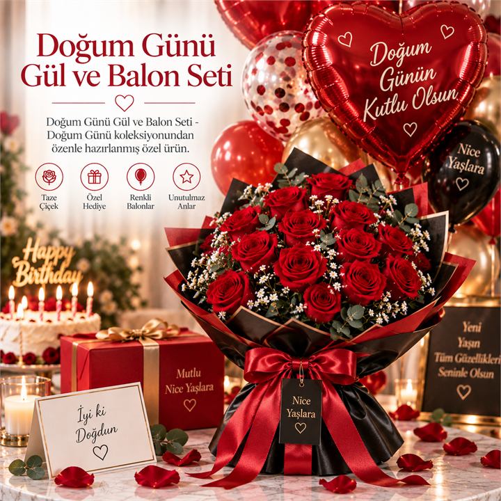 Doğum Günü Gül ve Balon Seti