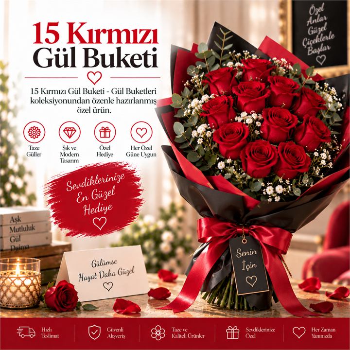 15 Kırmızı Gül Buketi